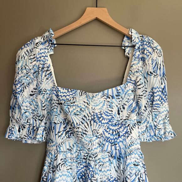 NWT SALONI Rachel-D Mini Dress Neptune Azure Size 2 Blue White Linen Puff Sleeve - Picture 6 of 16